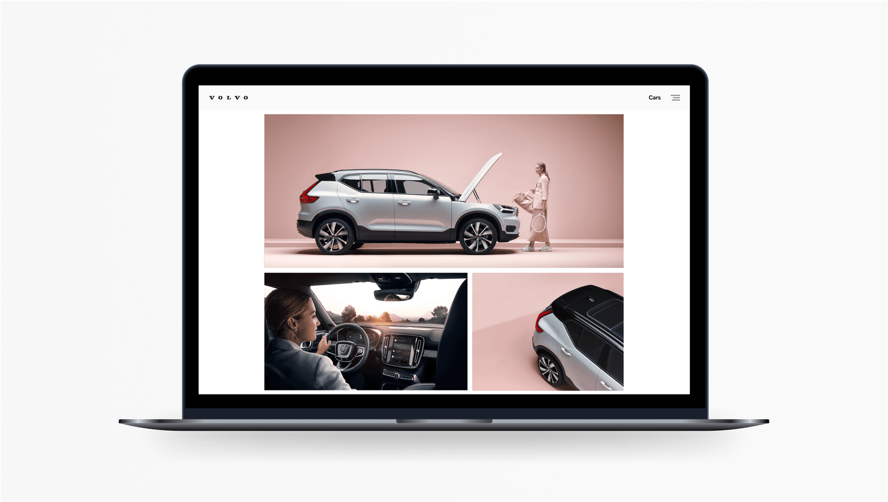 An example of using colour on a website view with an image layout. 3 images are put together using the pink colour theme creating a balanced look and feel, which showcases an XC40 and woman driving and loading the 'frunk'.