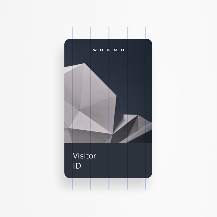 A Volvo Cars visitor ID card, with a 4-column grid used to inform its design.