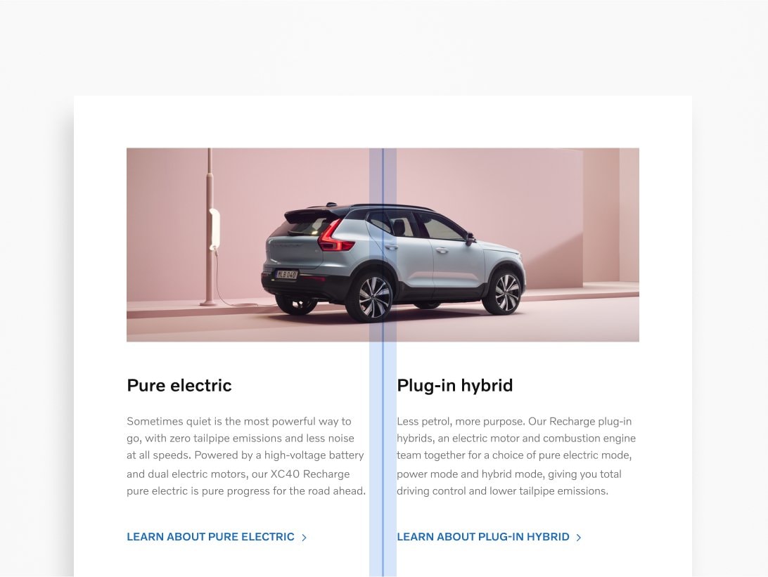 Website showing a top banner image of an XC40 and a 2-column text layout. The gutter space in the middle is coloured blue to highlight the gutter size.