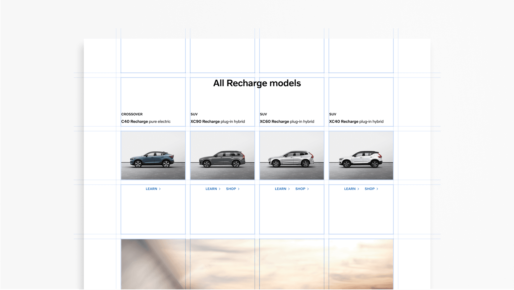 A desktop view using a modular layout showing four descriptive images of cars, each in a module within a single horizontal row. The text that goes with each image sits within a module on top of the images.