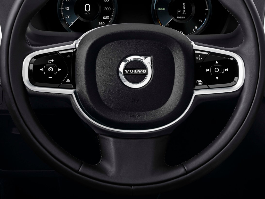 The 3D Volvo Iron Mark emblem on the steering wheel.