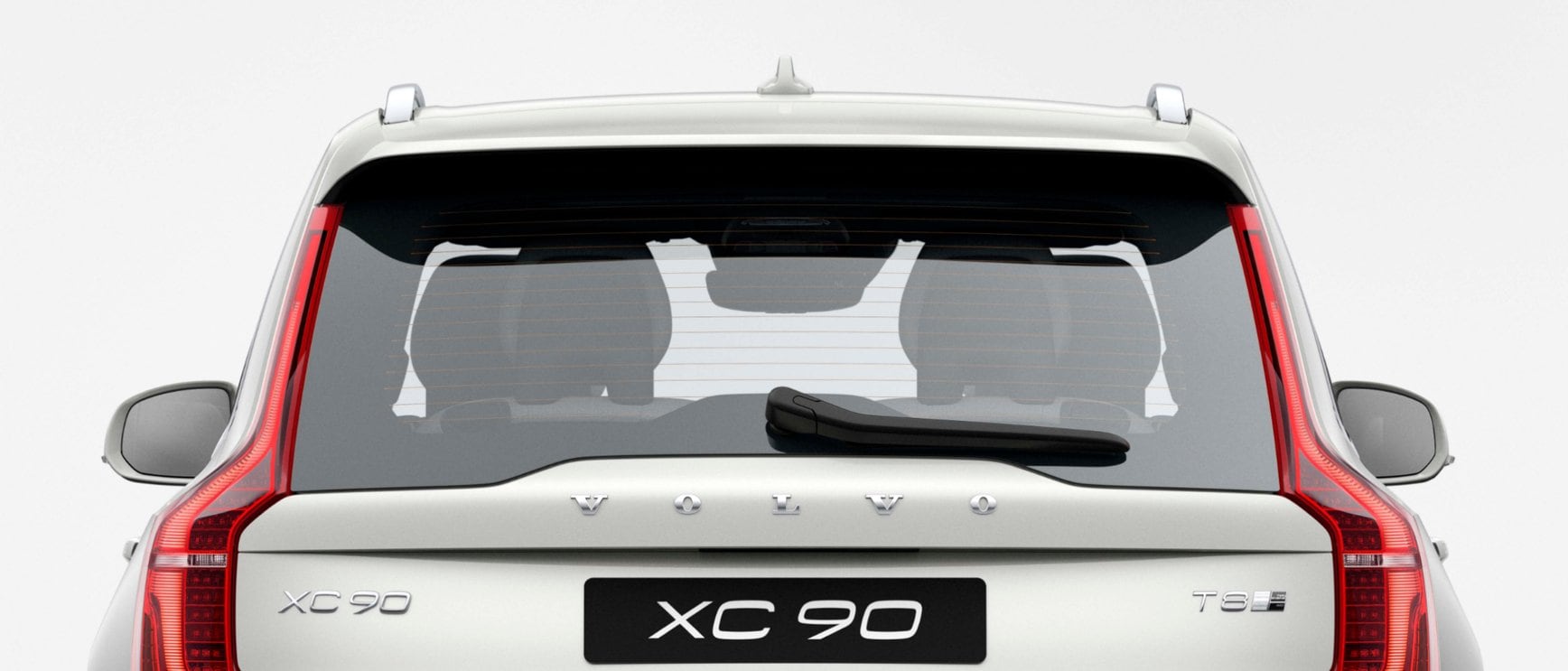 Photograph of the rear of a Volvo XC90, showing the physical Volvo Spread Word Mark applied to the bodywork.