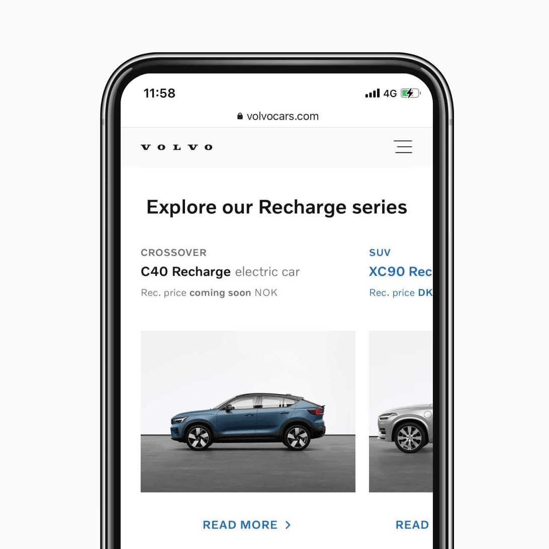 An overline text style shown as it appears on the Volvo Cars website (shown on a mobile phone screen above a title text style). Real-world example.