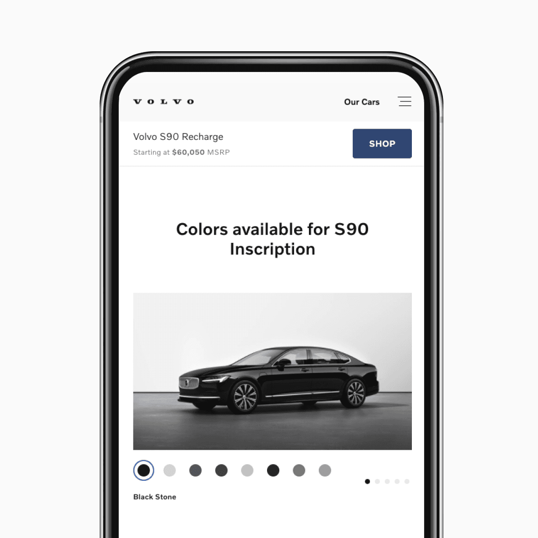A title text style shown as it appears on the Volvo Cars website (shown centre-aligned on a mobile phone screen). Real-world example.