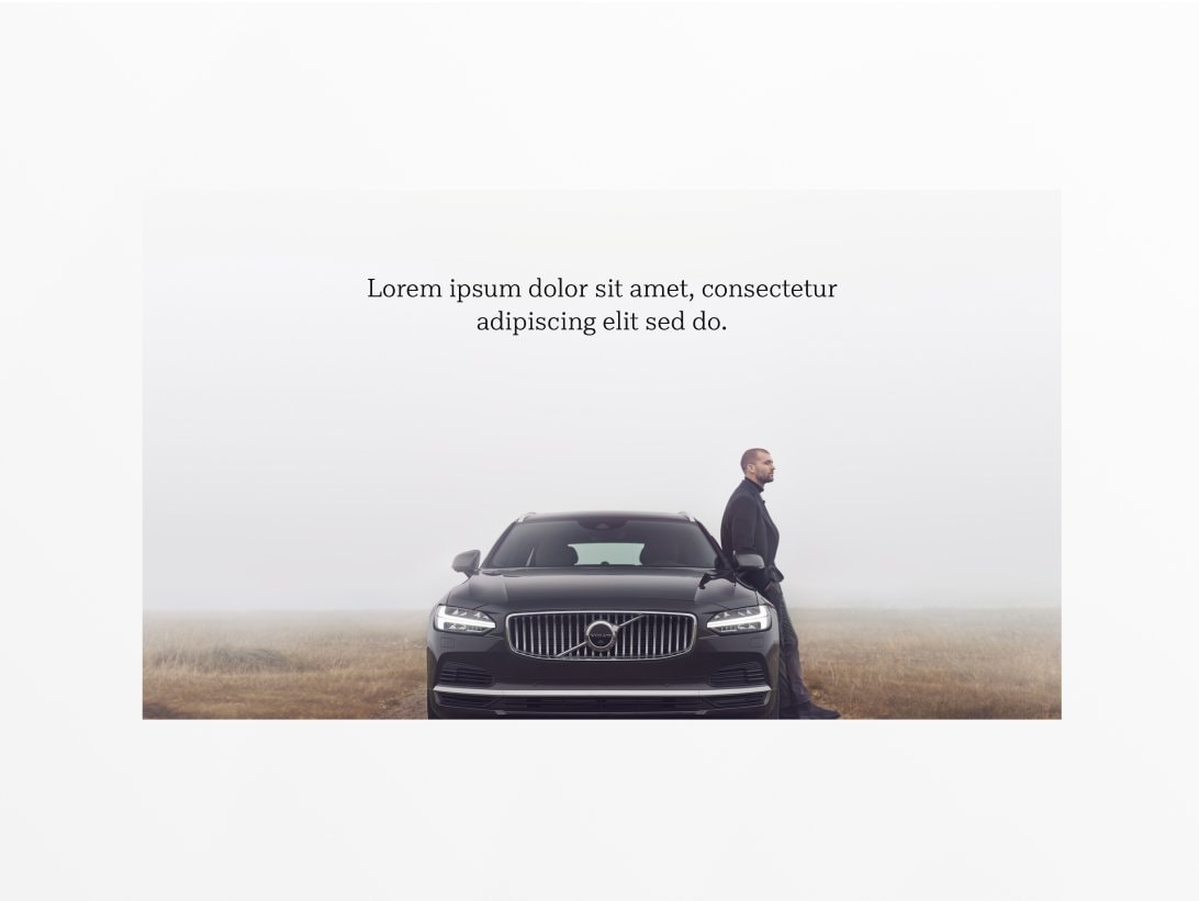 Example photograph shows a man dressed in black leaning on a vehicle. Above the image (in the sky) there is title text set in Volvo Antikva.