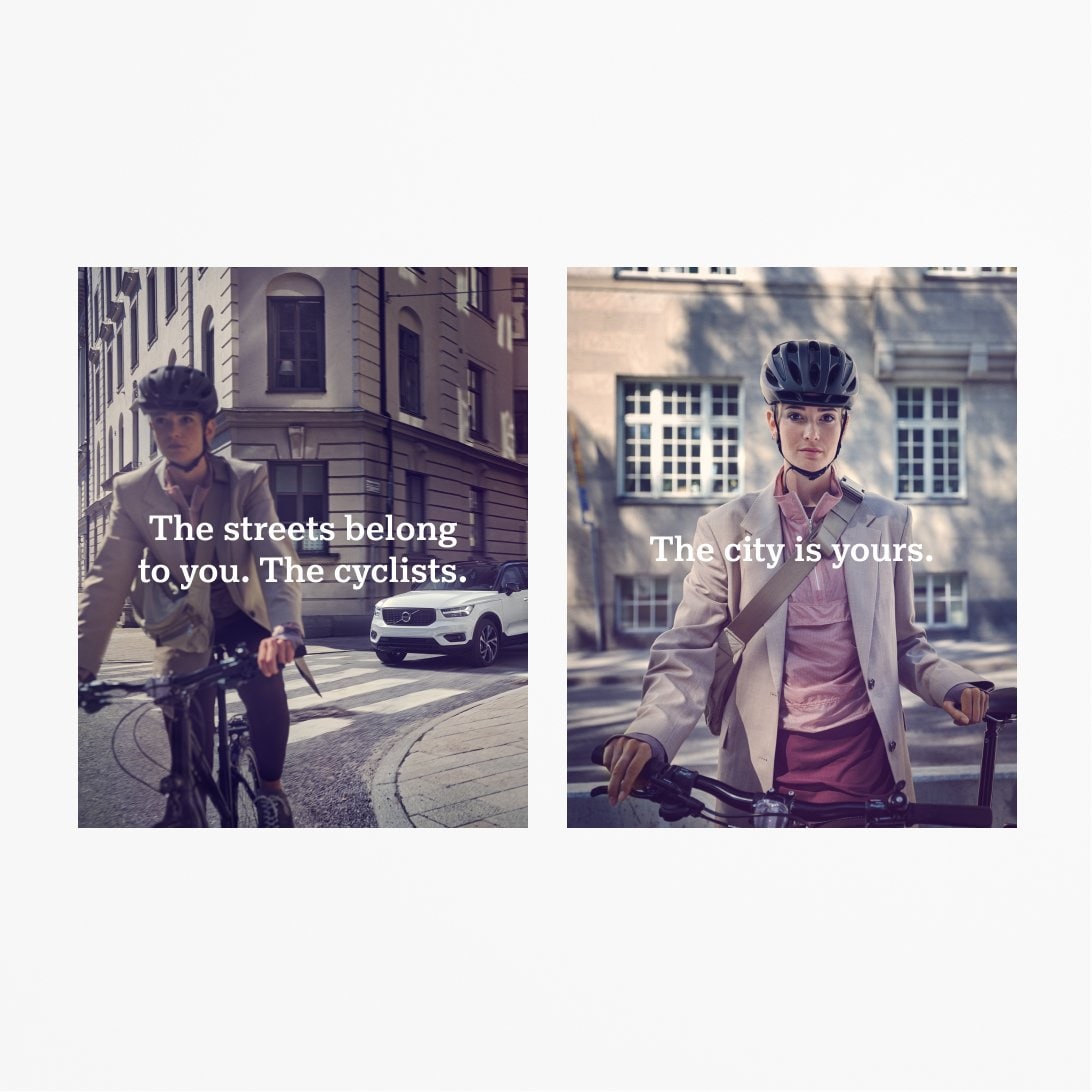 2 examples of Volvo Antikva applied over the top of photographs of a female cyclists. Image 1 title reads: 'The streets belong to you. The cyclists.' The second image reads: 'The city is yours.'