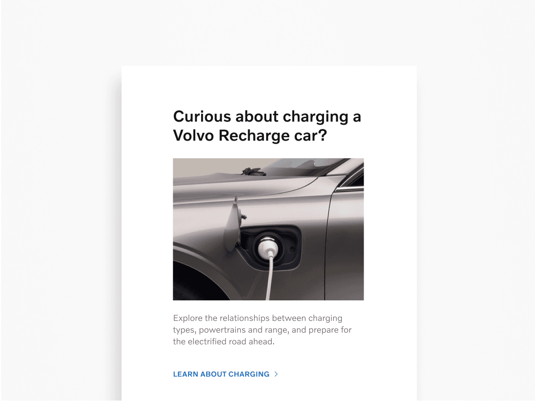 Example shows a typographic layout explaining how recharging works. This visual is comprised of a title, image of a car charging port, further body copy and a link to learn about charging (set in blue caps).